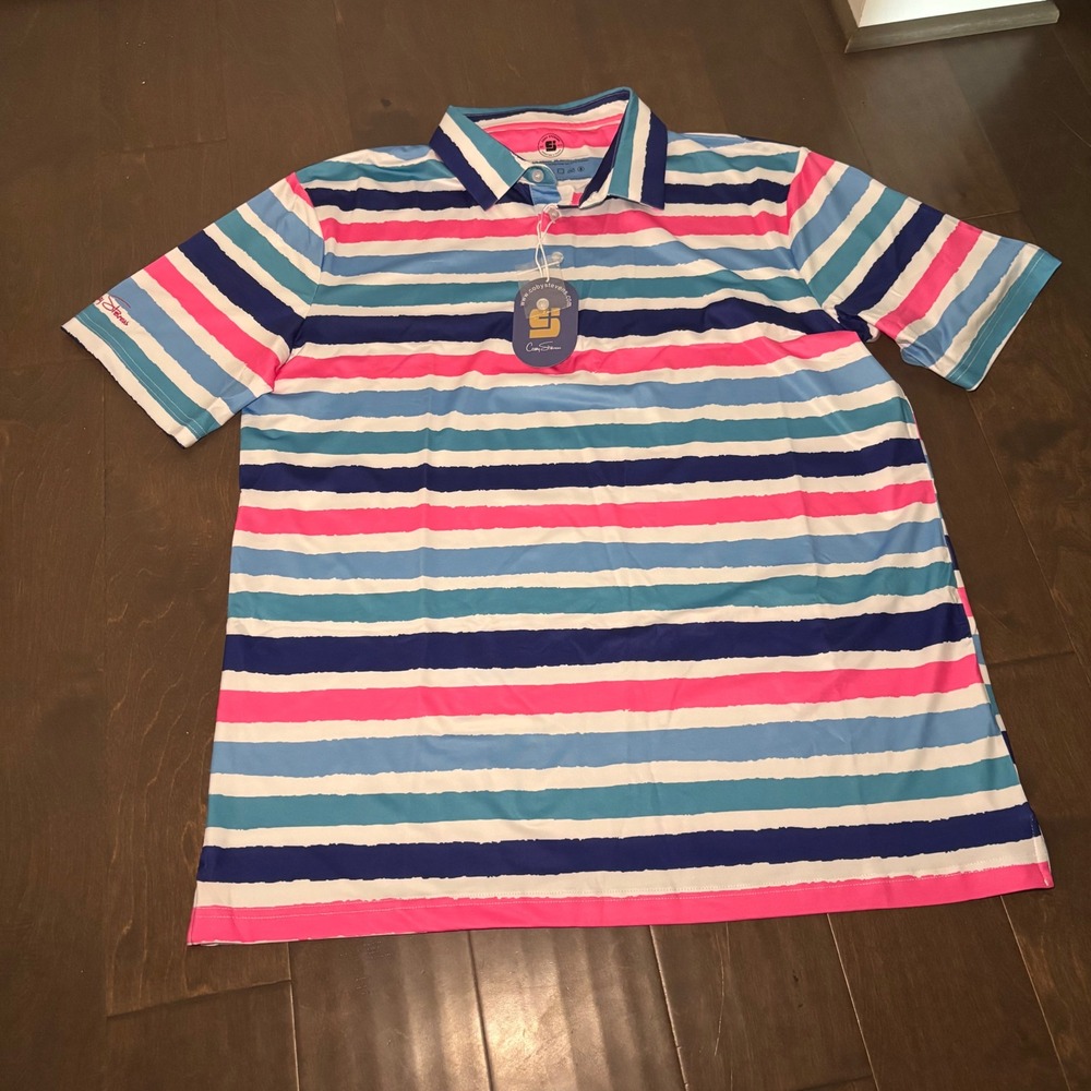 Coby Stevens Mens XL Pink Blue Striped Performance Golf Polo Shirt UPF 50+ NWT